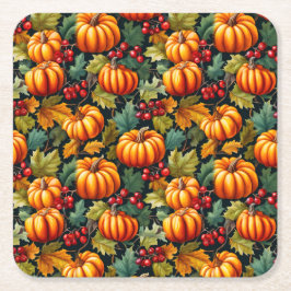 葉っぱの中のかぼちゃと赤い実 スクエアペーパーコースター