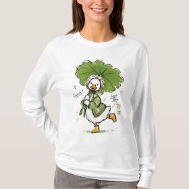 葉っぱの傘と花のボンネットをかぶったかわいいアヒル Tシャツ