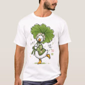 葉っぱの傘と花のボンネットをかぶったかわいいアヒル Tシャツ (正面)