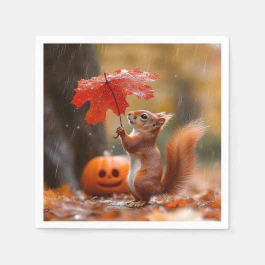 葉っぱの傘を持つかわいいリス - 秋の雨 スタンダードカクテルナプキン (正面)