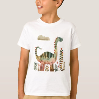 葉っぱの恐竜シーン - 子供用のかわいい恐竜Tシャツ Tシャツ