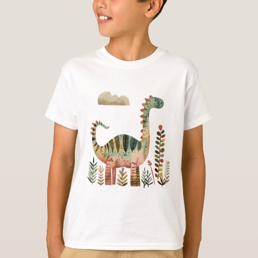 葉っぱの恐竜シーン - 子供用のかわいい恐竜Tシャツ  Tシャツ (正面)