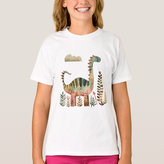 葉っぱの恐竜シーン - 子供用のかわいい恐竜Tシャツ Tシャツ (正面)