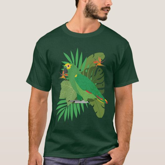 葉っぱの背景のコンゴウインコ Tシャツ (正面)