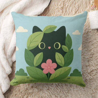 葉っぱの間のかわいい黒猫のデジタルアート | エスニックファッション クッション