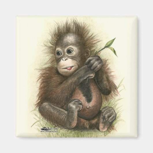 葉っぱを持つオランウータンの赤ちゃん マグネット (正面)