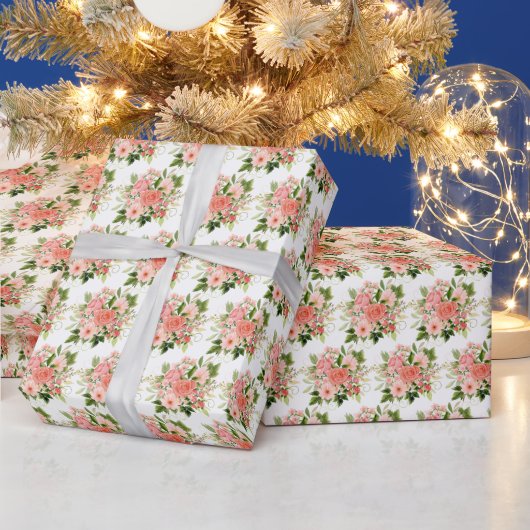 葉つきの珊瑚色のバラ ラッピングペーパー (クリスマス)