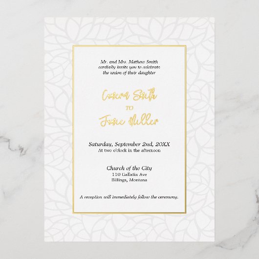 葉とエレガント金ゴールドアクセント結婚式招待状 箔招待状ポストカード (正面)