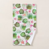 葉とスタイリッシュフラミンゴの熱帯デザイン バスタオルセット (ハンドタオル)