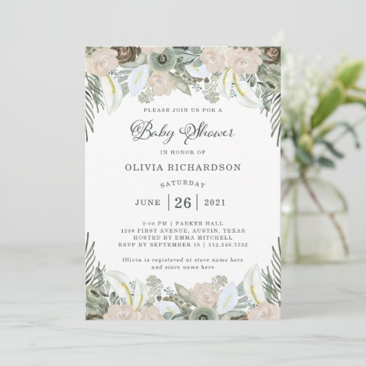 葉とフローラ | セージ緑の赤ちゃんシャワー 招待状 (スタンド正面)