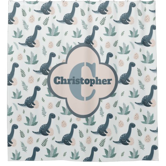 葉と卵がかわいらしい青い恐竜 シャワーカーテン (正面)