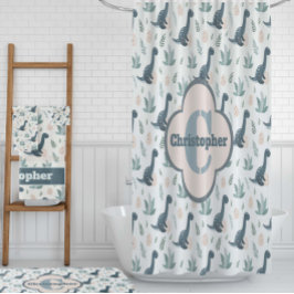 葉と卵がかわいらしい青い恐竜 シャワーカーテン