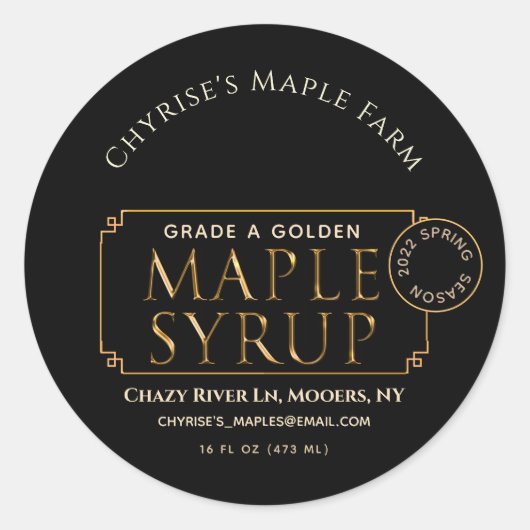 葉と日付付きブラックメープルシロップ ラウンドシール (正面)