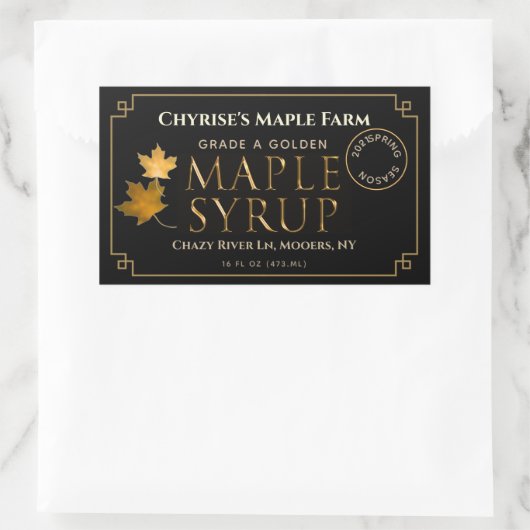 葉と日付付きブラックメープルシロップ 長方形シール (バッグ)