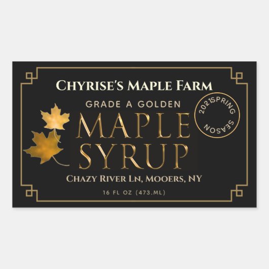 葉と日付付きブラックメープルシロップ 長方形シール (正面)