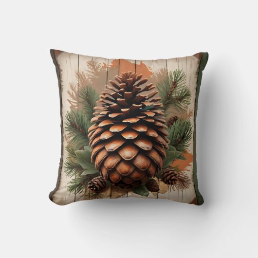 葉と木のアクセントのある松のコーン クッション (正面)