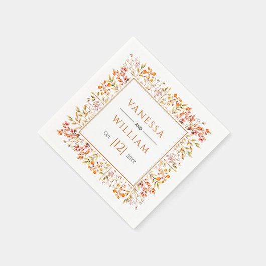 葉と果実がオレンジ色の秋の結婚式を燃やした スタンダードカクテルナプキン (角)