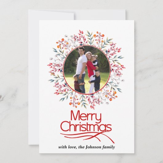 葉と果実の赤いメリークリスマスの写真 シーズンカード (正面)