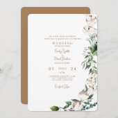 葉と綿のモダン金ゴールドの丸結婚み 招待状 (正面/裏面)