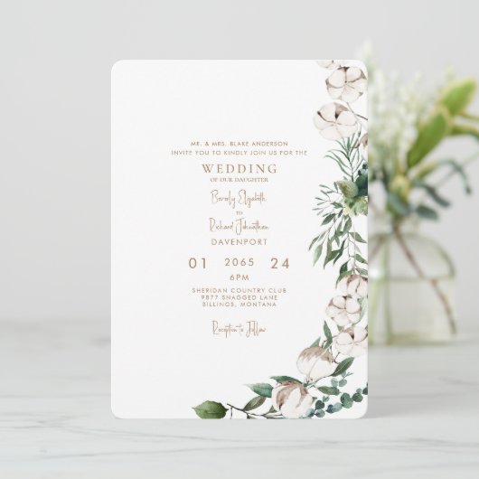 葉と綿のモダン金ゴールドの丸結婚み 招待状 (スタンド正面)