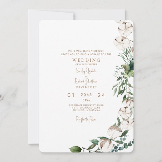 葉と綿のモダン金ゴールドの丸結婚み 招待状 (正面)