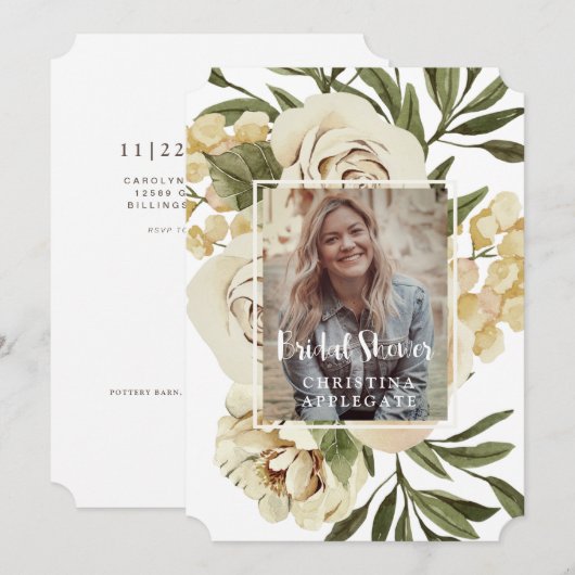 葉と花の写真 ブライダルシャワーチケット 招待状 (正面/裏面)