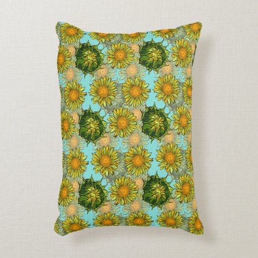 葉と芽のある黄色のひまわり模様 アクセントクッション (正面(垂直))
