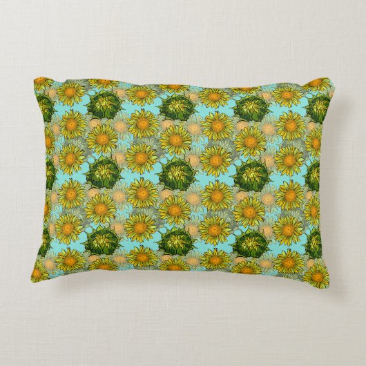 葉と芽のある黄色のひまわり模様 アクセントクッション (裏面)