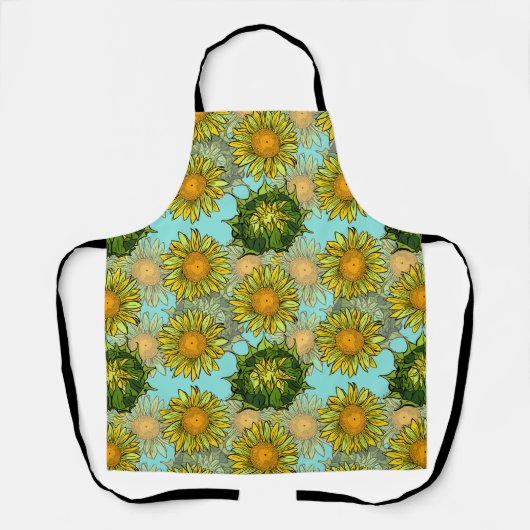 葉と芽のある黄色のひまわり模様 エプロン (正面)