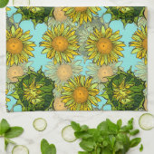 葉と芽のある黄色のひまわり模様 キッチンタオル (折り畳み)