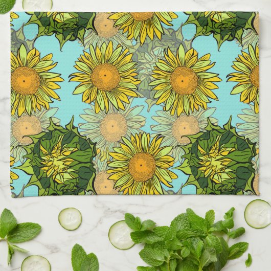 葉と芽のある黄色のひまわり模様 キッチンタオル (折り畳み)