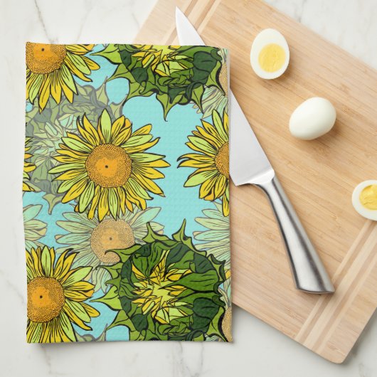 葉と芽のある黄色のひまわり模様 キッチンタオル (四つ折り)