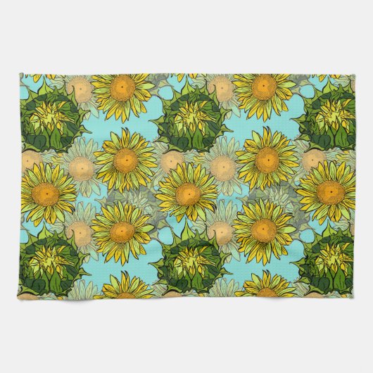 葉と芽のある黄色のひまわり模様 キッチンタオル (横)