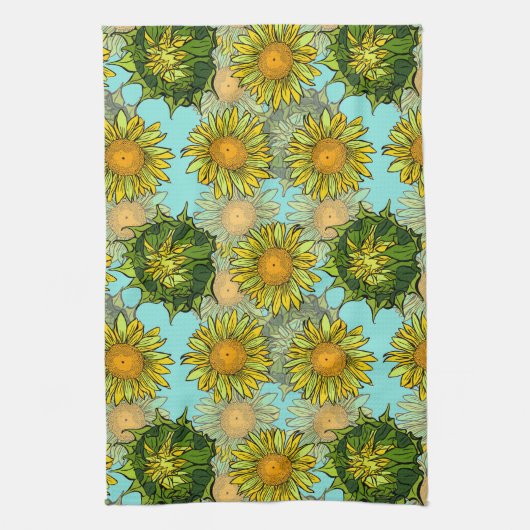 葉と芽のある黄色のひまわり模様 キッチンタオル (縦)