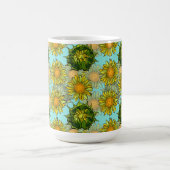 葉と芽のある黄色のひまわり模様 コーヒーマグカップ (中央)
