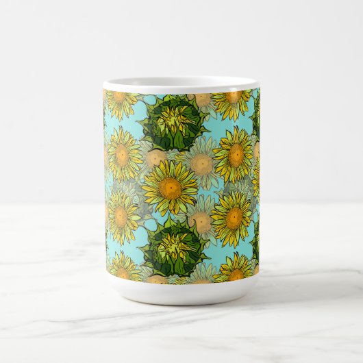 葉と芽のある黄色のひまわり模様 コーヒーマグカップ (中央)