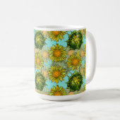 葉と芽のある黄色のひまわり模様 コーヒーマグカップ (正面右)