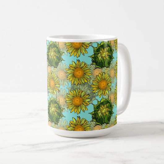 葉と芽のある黄色のひまわり模様 コーヒーマグカップ (正面右)