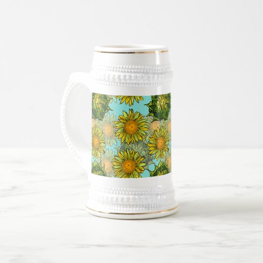 葉と芽のある黄色のひまわり模様 ビールジョッキ (正面左)