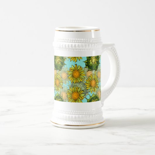 葉と芽のある黄色のひまわり模様 ビールジョッキ (正面右)