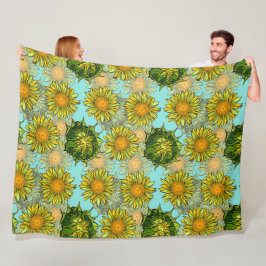 葉と芽のある黄色のひまわり模様 フリースブランケット