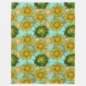 葉と芽のある黄色のひまわり模様 フリースブランケット (正面)