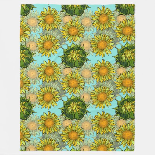 葉と芽のある黄色のひまわり模様 フリースブランケット (正面)