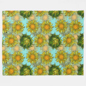葉と芽のある黄色のひまわり模様 フリースブランケット (正面(横))