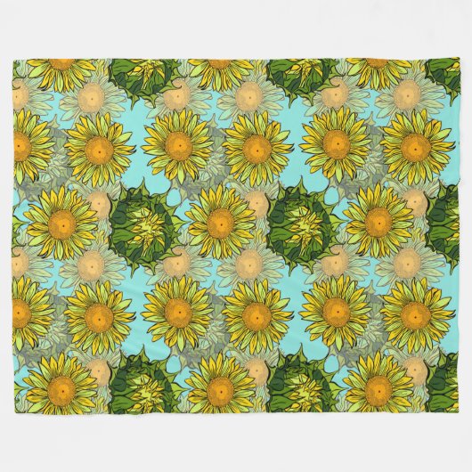 葉と芽のある黄色のひまわり模様 フリースブランケット (正面(横))
