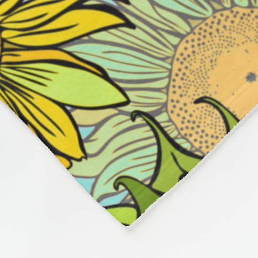 葉と芽のある黄色のひまわり模様 フリースブランケット (角)