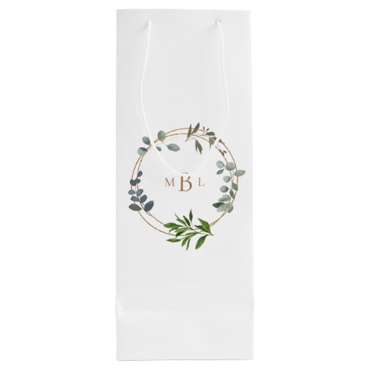 葉と金ゴールドモノグラムエレガントホワイト結婚II ワインギフトバッグ (裏面)