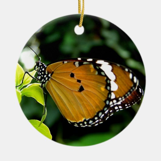 葉にオレンジ、黒と白の蝶 セラミックオーナメント (正面)