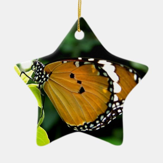 葉にオレンジ、黒と白の蝶 セラミックオーナメント (正面)