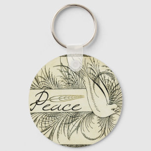 葉に囲まれた美しいヴィンテージの白い鳩 キーホルダー